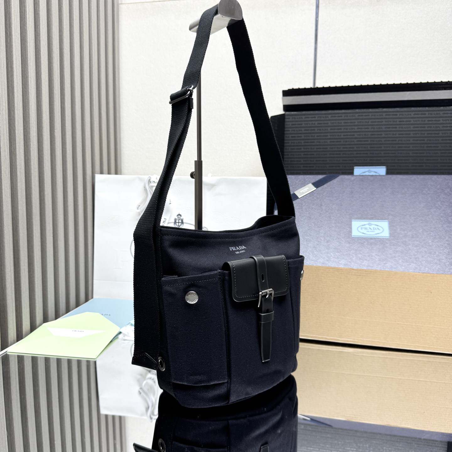 Pra*a Route mini canvas and leather bucket bag(HIGH-END GRADE)