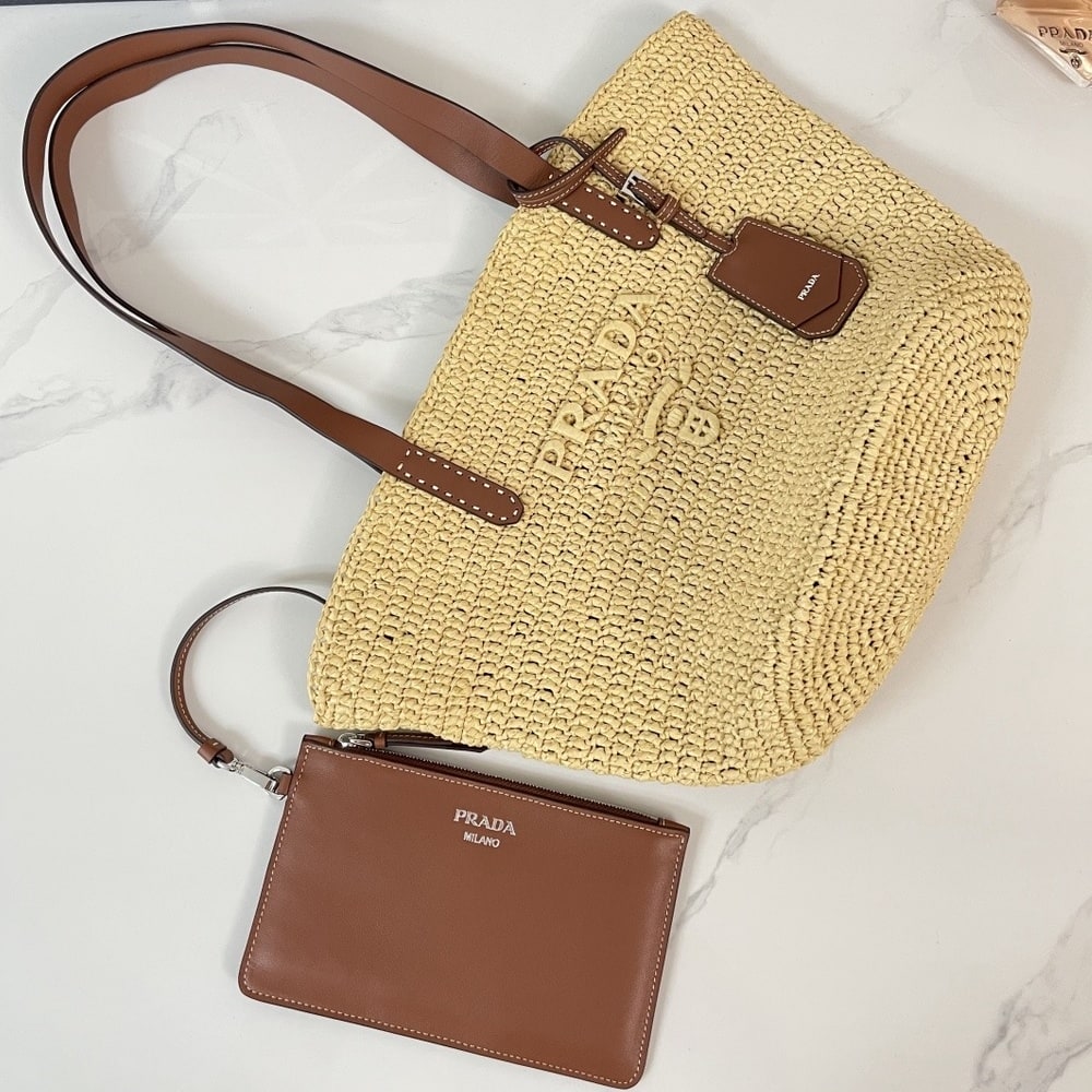 Pra*a Medium crochet and leather tote bag(HIGH-END GRADE)